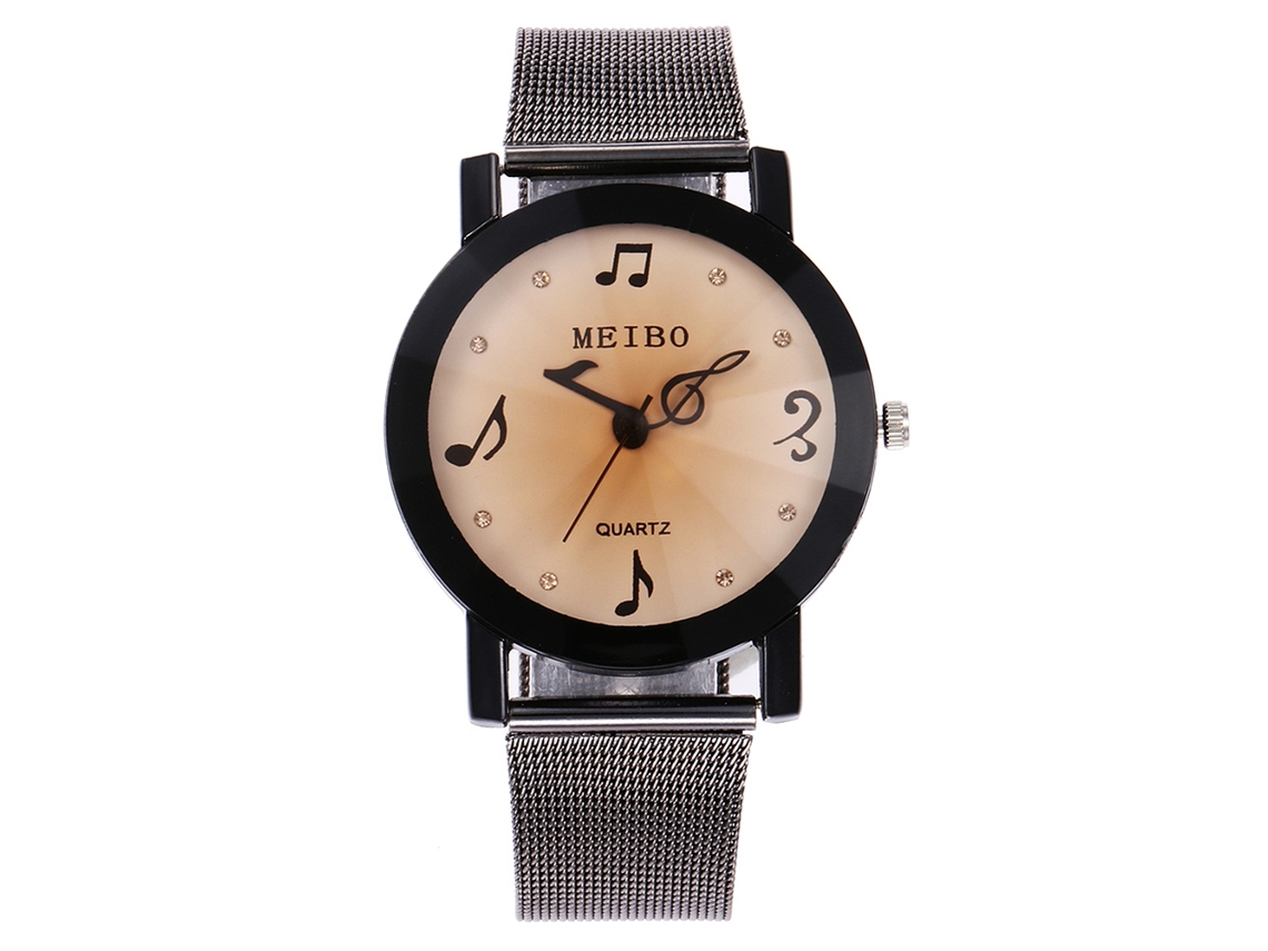 Relógio feminino de quartzo com pulseira de malha metálica Mebio (preto e branco)