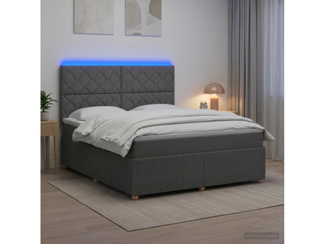 Vidaxl Cama Box Com Led E Colchão Cinzento-escuro 140 X 190 Cm Tecido