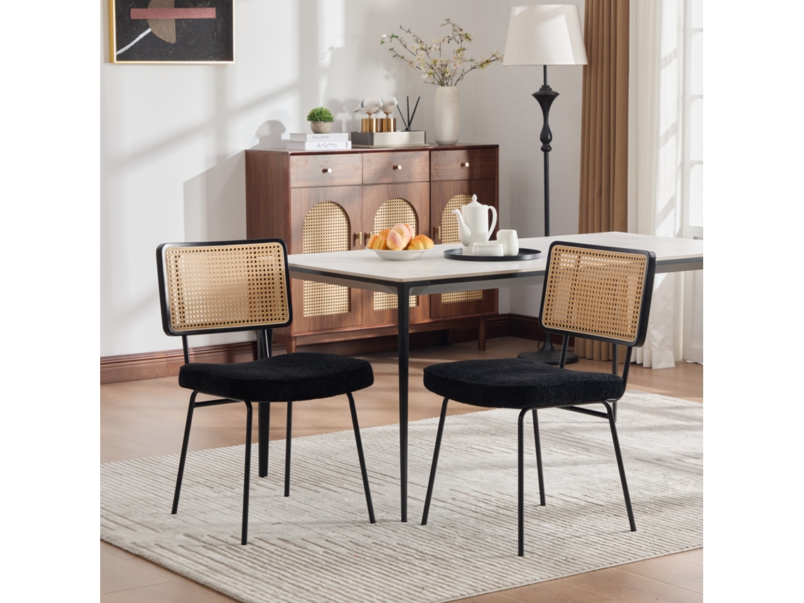 Conjunto 2 Cadeiras Jantar, Chenile, Sem Braços, Madeira Encosto, Estilo Rattan, Pés Metálicos Pretos Ajustáveis.