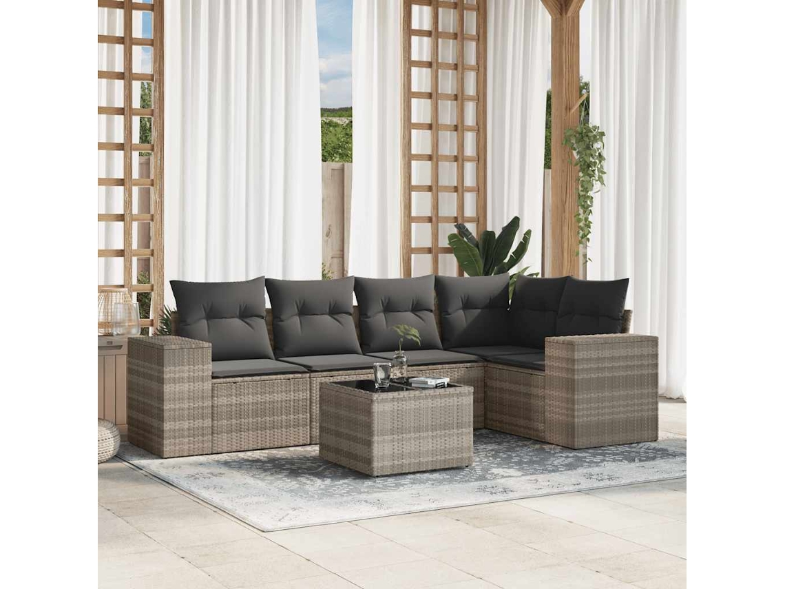 Vidaxl 6 Pcs Conj. Sofás Jardim Com Almofadões Vime Pe Cinzento-claro