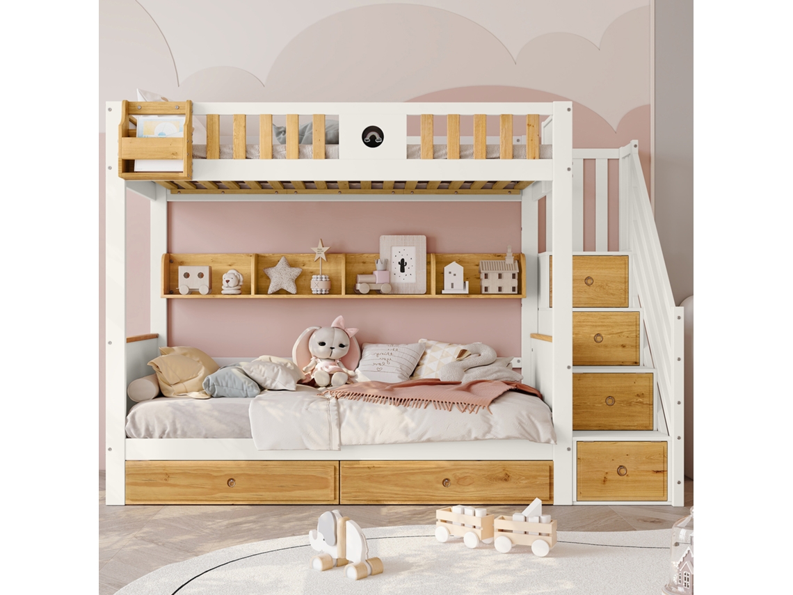 Beliche Espaçoso, Pinho E Mdf, Cama Infantil Com 4 Armários Na Escada, Grade, 2 Gavetas E Prateleira. Branco+natural, 90x200cm.