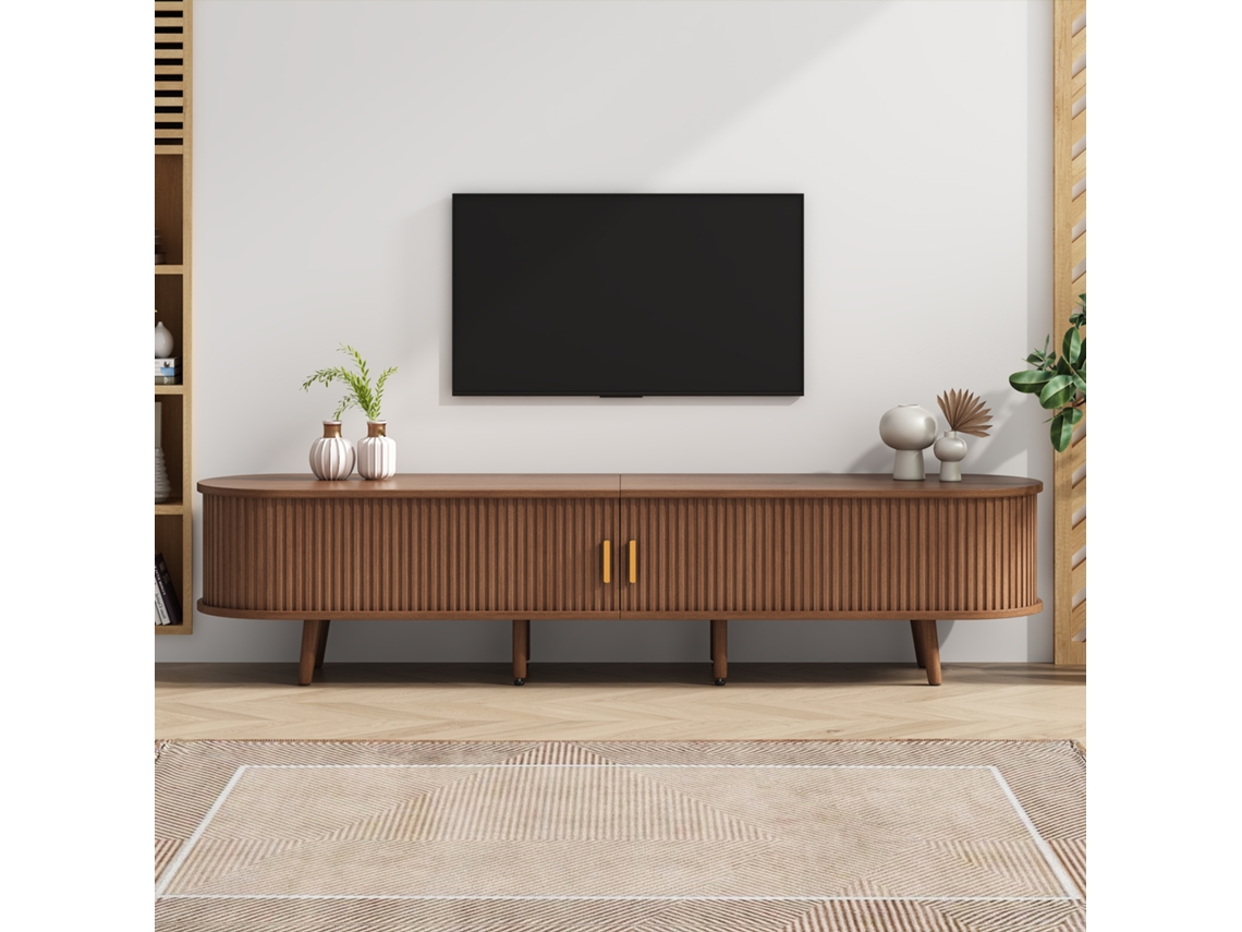 Móvel Tv Nogueira Com Tampo Redondo Mdf, 2 Gavetas E Portas Telescópicas, Para Tvs Até 75 Polegadas,170x40x42cm