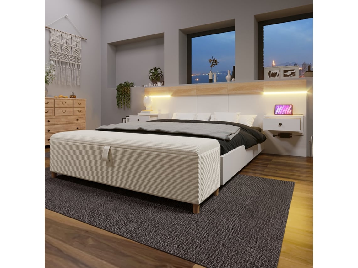 Cama Casal 140x200 Cm Com Mesas Cabeceira Led Usb-c E Banco Armário Hidráulico Eiche Sonoma/branco Bege