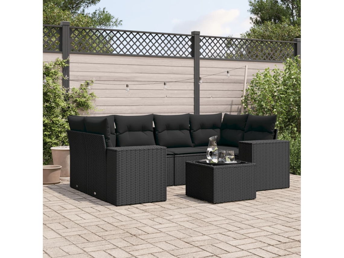 Vidaxl 7 Pcs Conjunto De Sofás P/ Jardim C/ Almofadões Vime Pe Preto