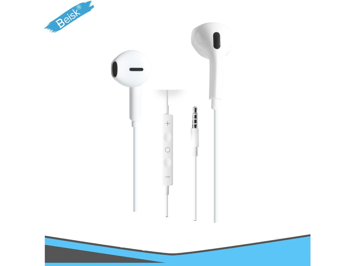 Fones Intra Auriculares Com Fio Beisk 3,5mm Todo Branco Clássico Controle De Volume Remoto, Chamada Com Micrófone, Cabo Tpe 1,2m