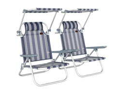 Conjunto de 2 cadeiras de praia dobráveis com dossel ajustável, encosto em 6 posições, apoio de cabeça, azul e branco BTFORUS