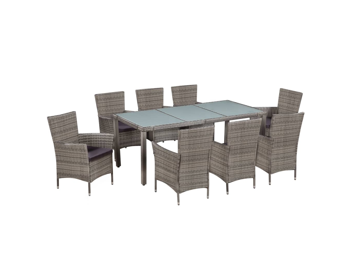 Vidaxl 9 Pcs Conjunto Jantar Exterior C/ Almofadões Vime Pe Cinzento