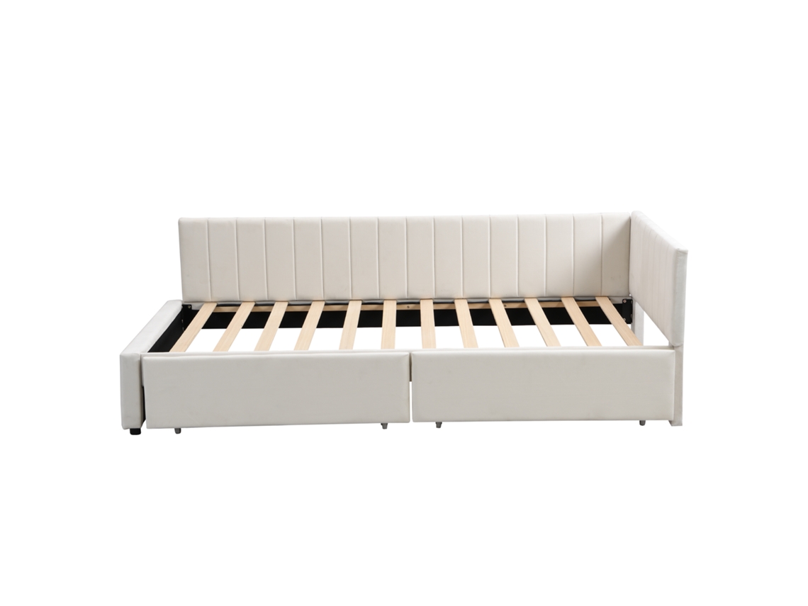 Sofá-cama Estofado Em Veludo 90x200 Cm - Com 2 Gavetas Grandes E Estrado De Ripas - Branco
