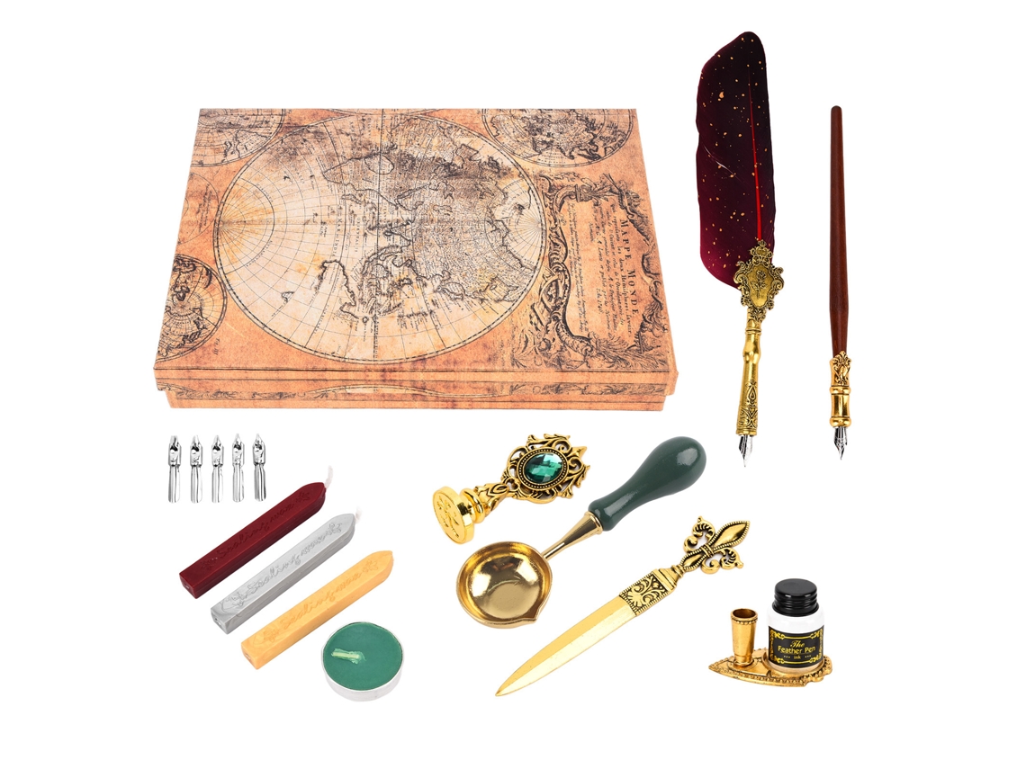 Set de Caneta Estilo Europeu Retro Britânico para Estudantes Caneta de Imersão Vermelho Vinho com Selos Pintados