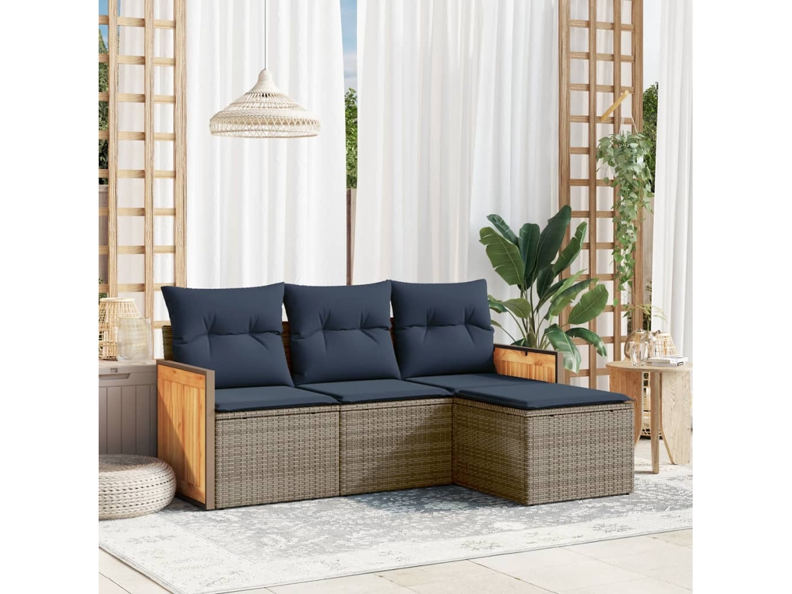 Vidaxl Conjunto De Sofá De Jardim Com 4 Peças E Almofadas Em Rattan Sintético Cinza