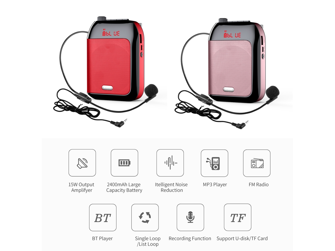 Amplificador De Voz Portátil Com Microfone Fio Para Professores Bateria Recarregável