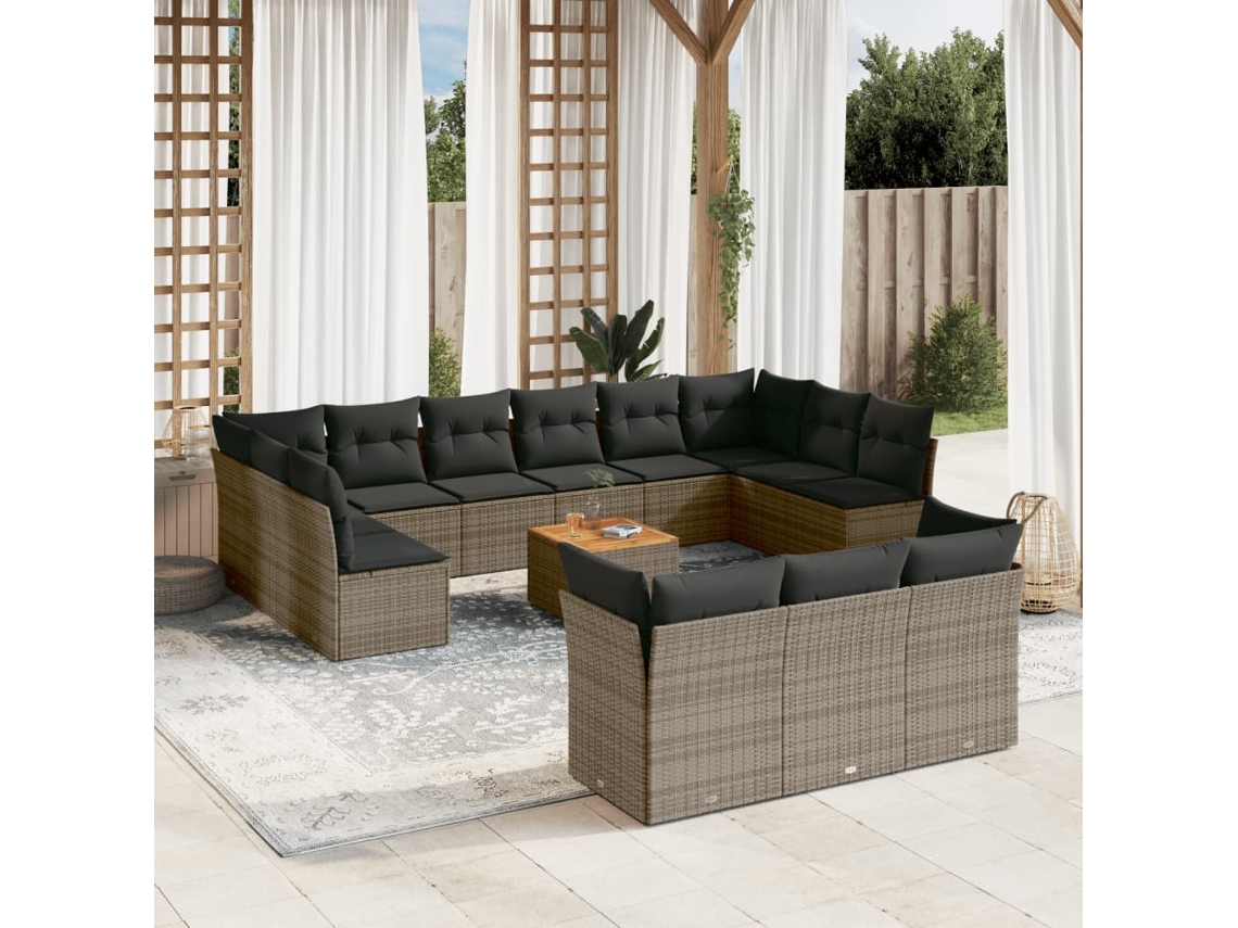 Vidaxl 14 Pcs Conjunto Sofás P/ Jardim C/ Almofadões Vime Pe Cinzento