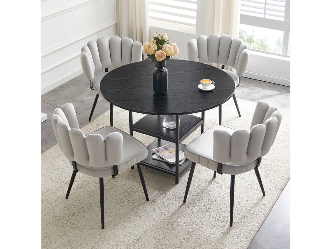 Conjunto Mesa E Cadeiras 107 Cm - Mesa Redonda 2 Níveis + 4 Cadeiras Florais, Estilo Industrial - Preto/cinzento Claro