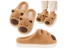 Plush Capybara House Slippers With Ears Warm Soft Beige Size 34-35