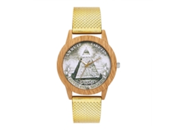 Relógio de pulso unissex de quartzo com pulseira de malha elegante e mostrador redondo dourado.