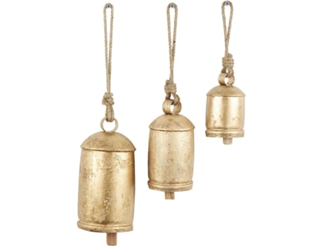 Metal Christmas Inspired Decorative Cow Bells With Jute Hanging Rope, Set Of 3 10 Inch,8 Inch,6 Inchh, Gold Beijiyi