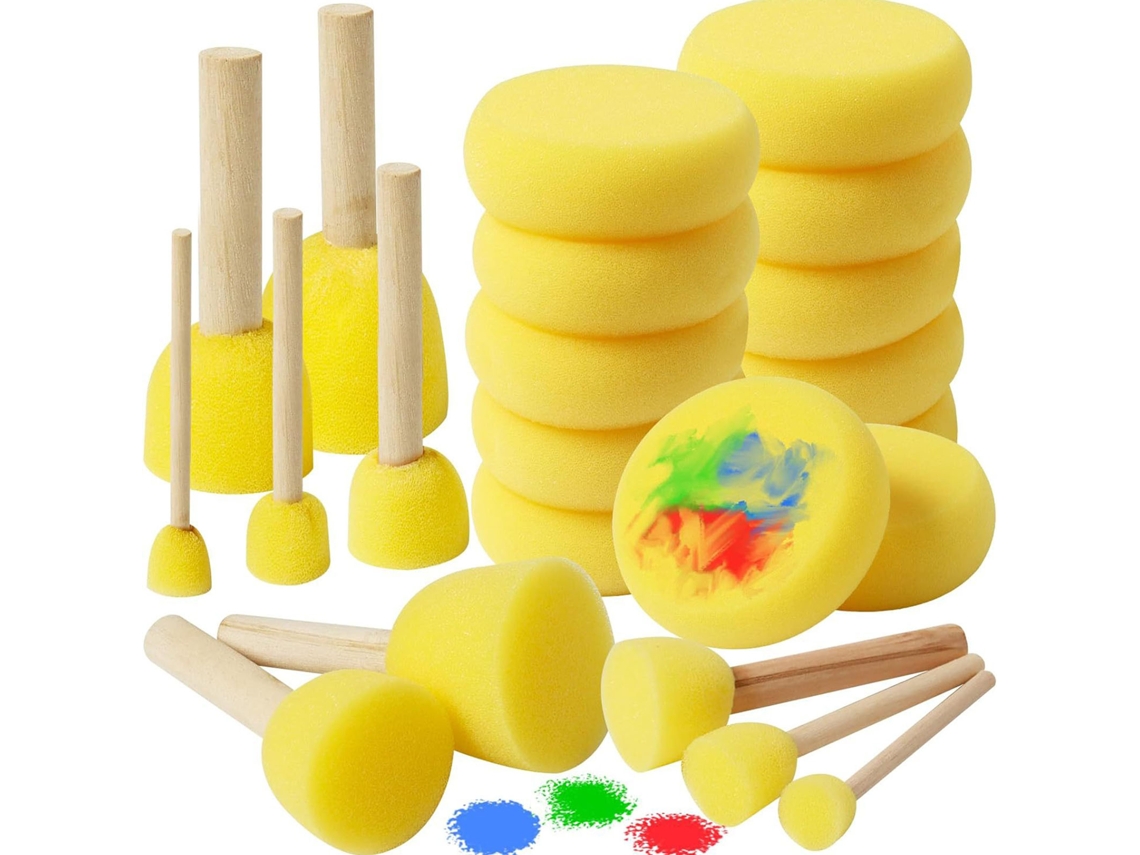 Conjunto De Pincéis De Espuma Com Cabo De Madeira Redondo Para Arte Infantil 5pcs Amarelo Hm22