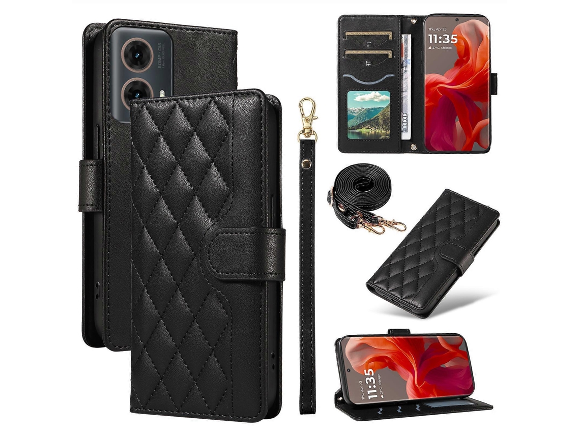 Compre Capa Tipo Carteira De Couro Com Alça De Ombro E Alça De Pulso Preta Para Motorola Moto G85 5g / S50 Neo 5g
