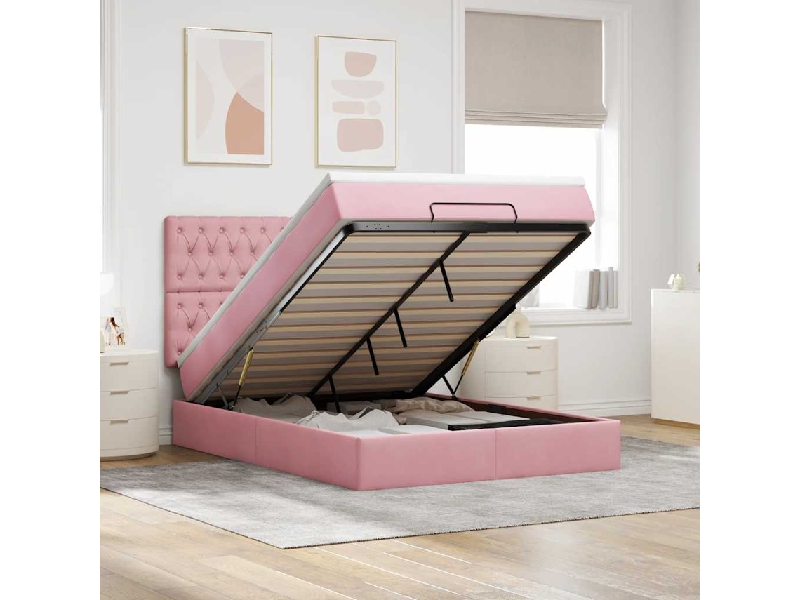 Vidaxl Estrutura De Cama Otomana Com Colchões 140x200 Cm Veludo Rosa
