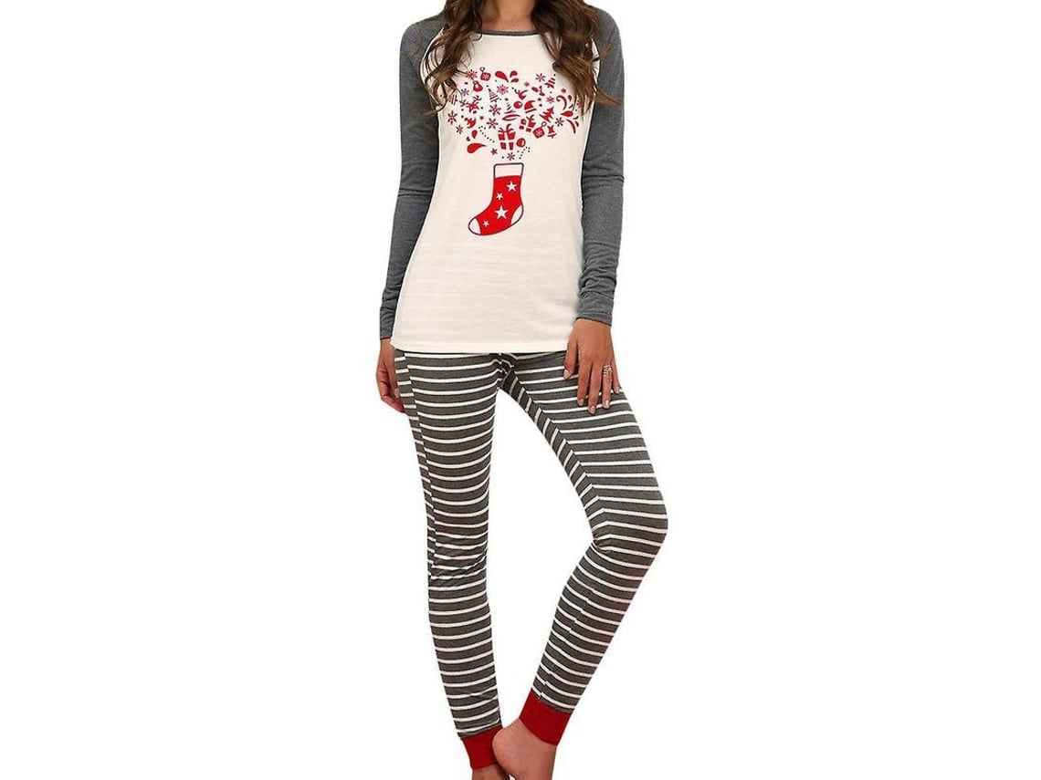2026 pijamas de Natal para Mulher Conjunto de Camiseta de Manga Longa e Calças Listradas Roupa Noturna Natalina