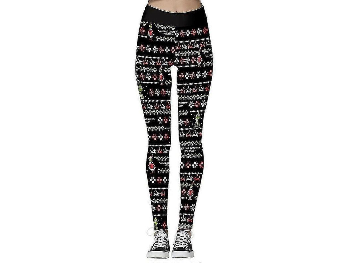 Leggins De Cinto Alto Com Estampa De Natal, Grinch E Flocos De Neve Para Mulheres B