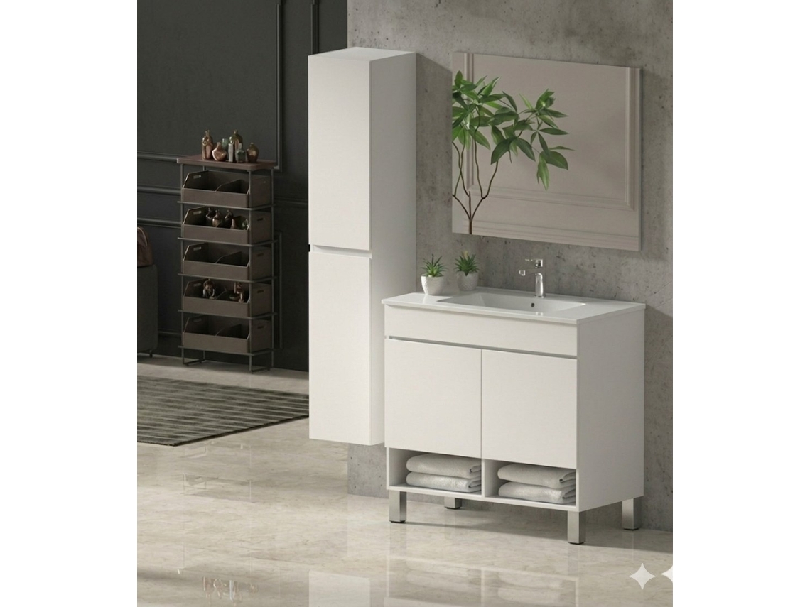 Conjunto Móvel De Casa De Banho Nebari Com Pés Já Montado 2 Portas, Lavatório E Espelho Branco Brilho 120x45 Cm Lavatório Duplo Com Coluna
