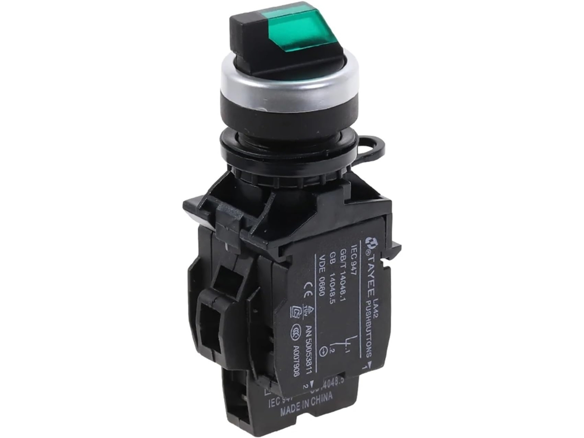 Seletor de 2 posições com botão de pressão e luz verde.
