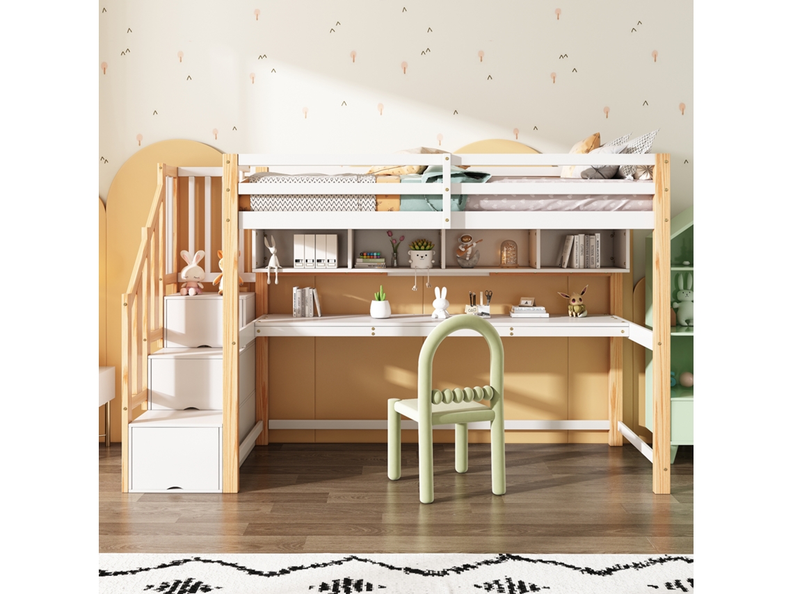 Cama Alta Infantil 90x200 Escrivaninha Grande, Prateleiras, Cores Naturais E Brancas Madeira Maciça Mobrio
