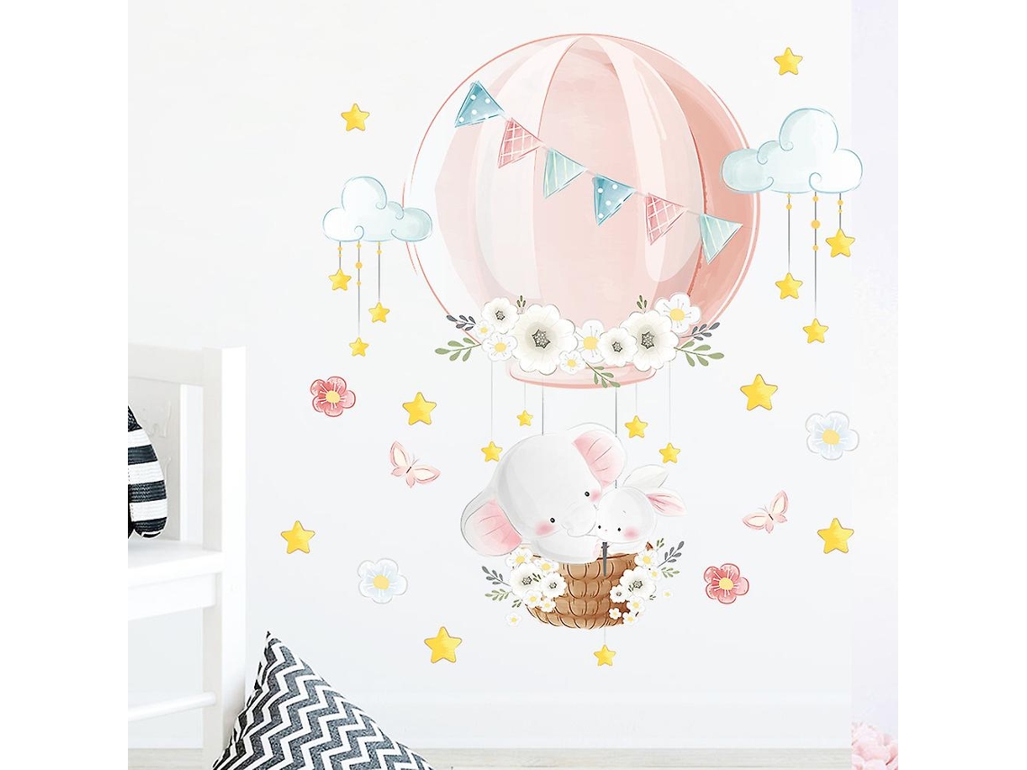 Rebe calcomanías de Pared Removibles Con Globo Aéreo, Flores, Nubes Y Elefante para Sala, Oficina, Dormitorio Y Cocina