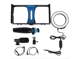 Gaiola para celular para fotografia e vídeo, kit de gravação com microfone e luz de preenchimento.