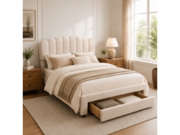 Cama De Casal 140x200 Com 1 Gaveta E Porta Usb, Cama Acolchoada Com Cabeceira, Cama Com Estrutura Metálica E Baú, Veludo Teddy, Sem Colchão