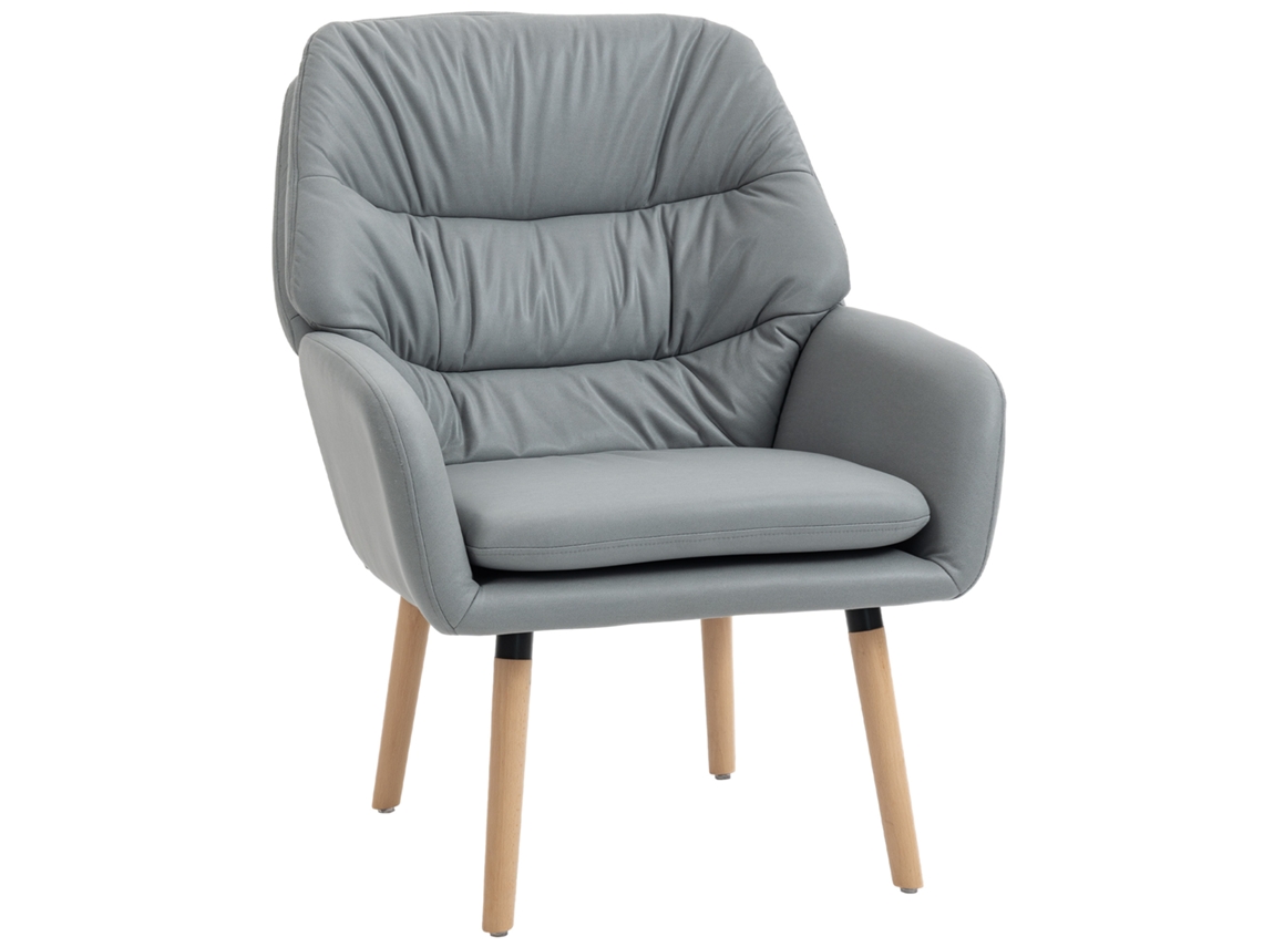 Poltrona Moderna de Encosto Alto para Quarto com Estofamento Duplo em Tecido com Efeito Couro, Cinza.