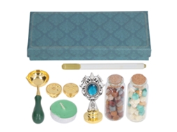 Kit de Selos de Cera com Forno Gravado Claro, Punho Desmontável, Colher Vintage, Estampa Prata Antiga, Pedras Rhinestone Azul Lago Sp272