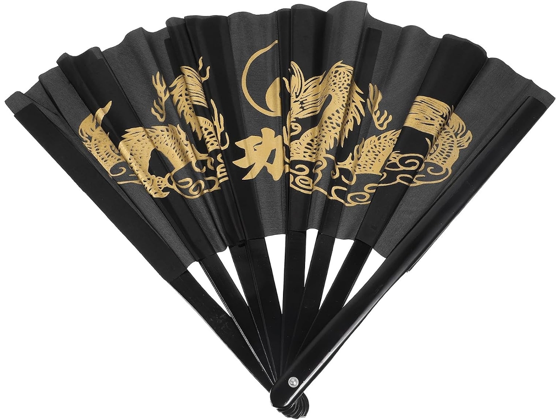 Éventail Pliant Tai Chi En Bambou 1,2 Pieds Noir Motifs Dorés Double Dragon,