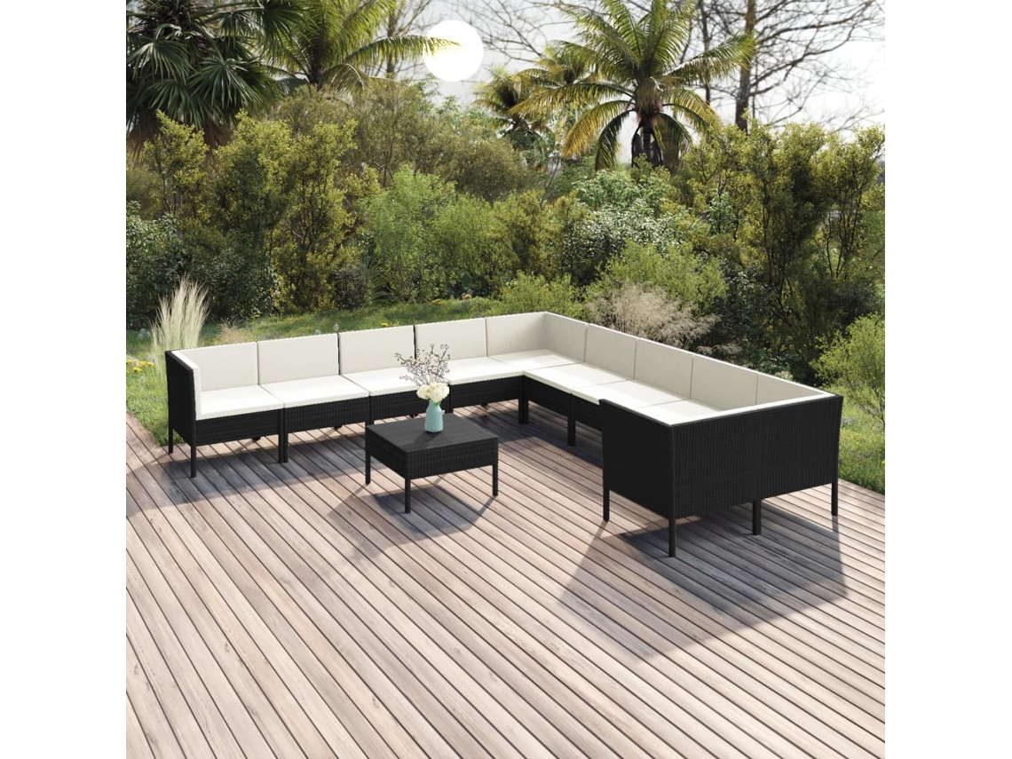 Vidaxl 11 Pcs Conjunto Lounge De Jardim C/ Almofadões Vime Pe Preto