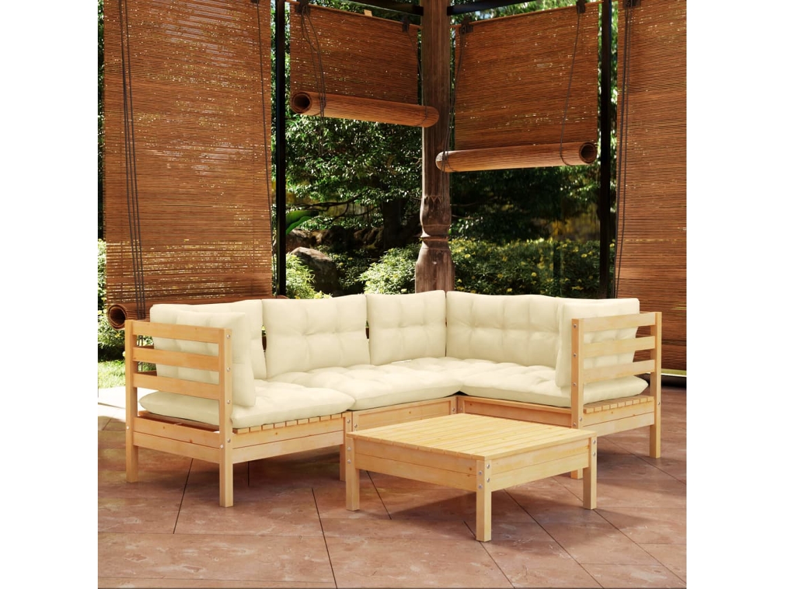 Conjunto 5 Peças Lounge De Jardim C/ Almofadões Cor Creme Pinho Dkd Home Decor