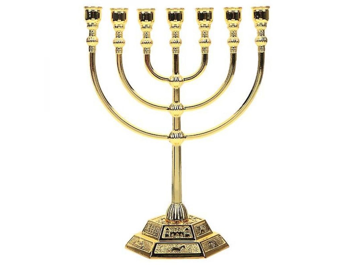Rebe-Candle Holder Menorah Israel 7 Braços Castiçal de Metal Retrô para Decoração 17x13,5 cm Dourado