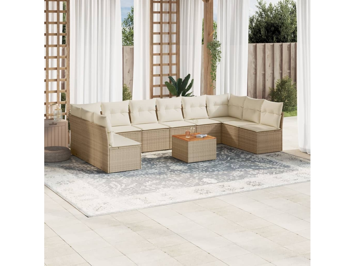 11 Pcs Conjunto Sofás De Jardim C/ Almofadões Vime Pe Bege Dkd Home Decor