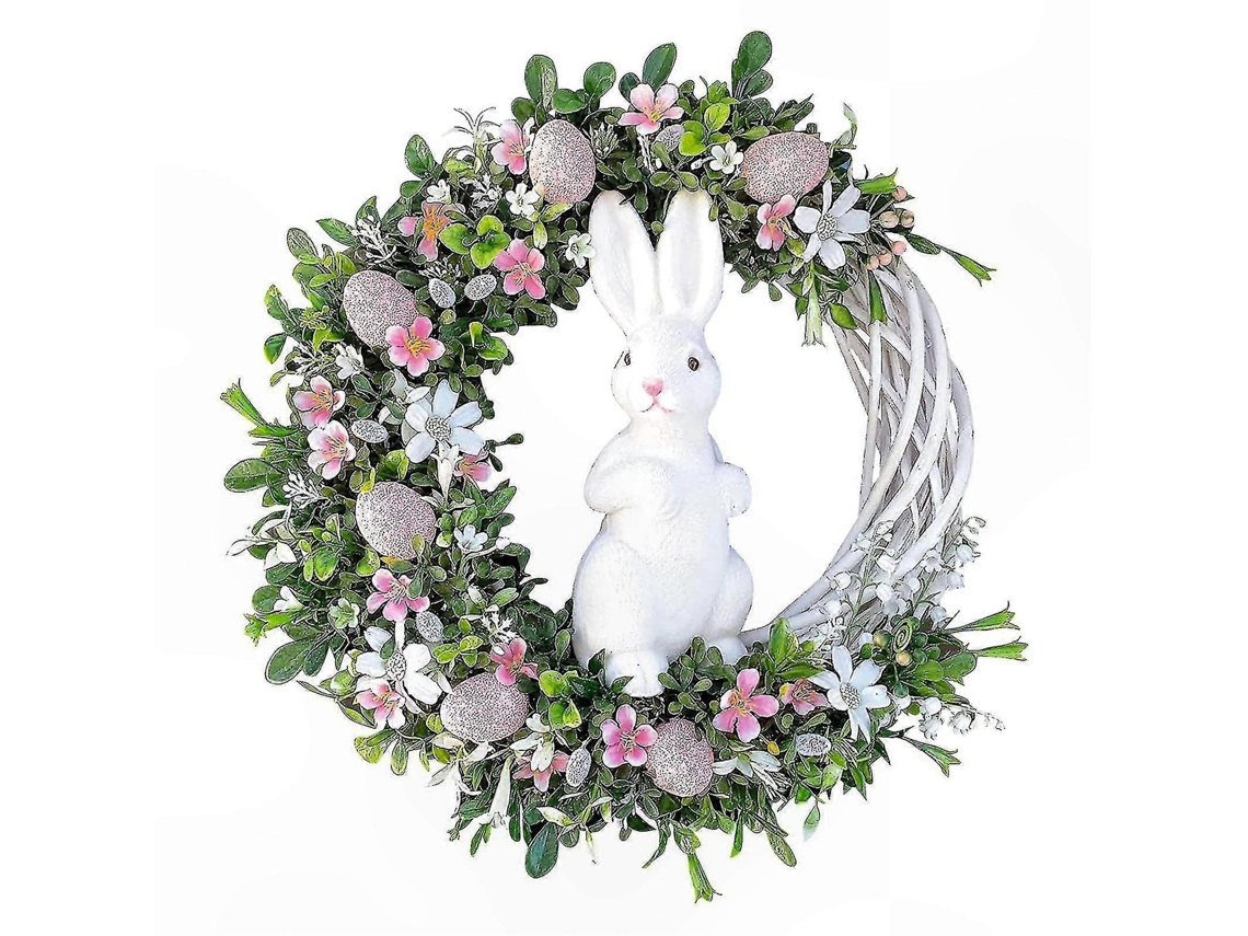 Coroa De Páscoa Decorativa Com Laço E Coelho, 27 Cm