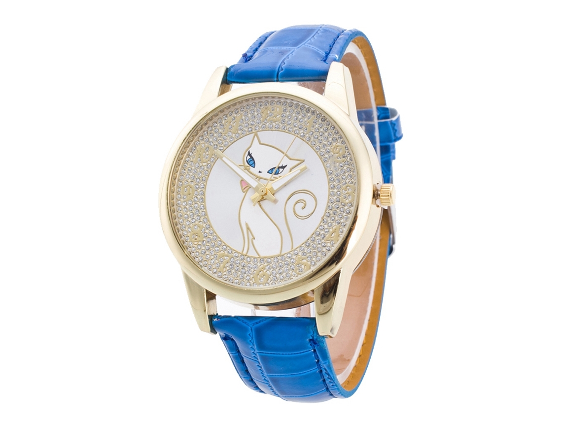 Relógio de pulso analógico de quartzo azul royal com mostrador redondo e pulseira de liga metálica, ideal para casais.
