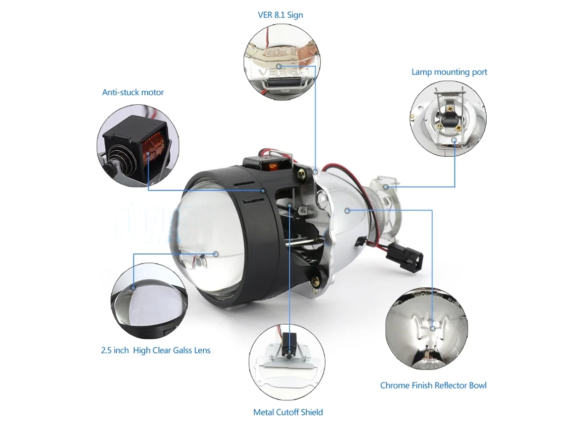 Lente de projetor bi-xenon azul-2.5 ''Ver 8.1 H1 para farol esportivo Moto X5 Bm, Led quadrado, Olhos de Anjo, Retrofit Drl H4 H7