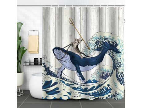 Cortina De Chuveiro Em Poliéster, Antimofo, Lavável, Impermeável, Com 12 Ganchos, 180x200cm Qjh (gato Baleia)