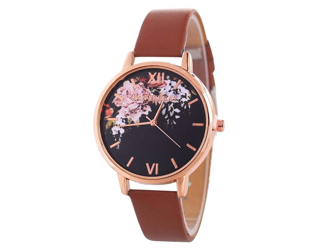 Relógio de Pulso Feminino com Padrão Floral Estiloso e Pulseira de Couro Café