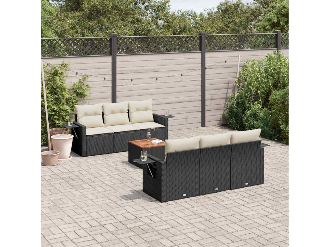 Vidaxl 7 Pcs Conjunto De Sofás P/ Jardim C/ Almofadões Vime Pe Preto
