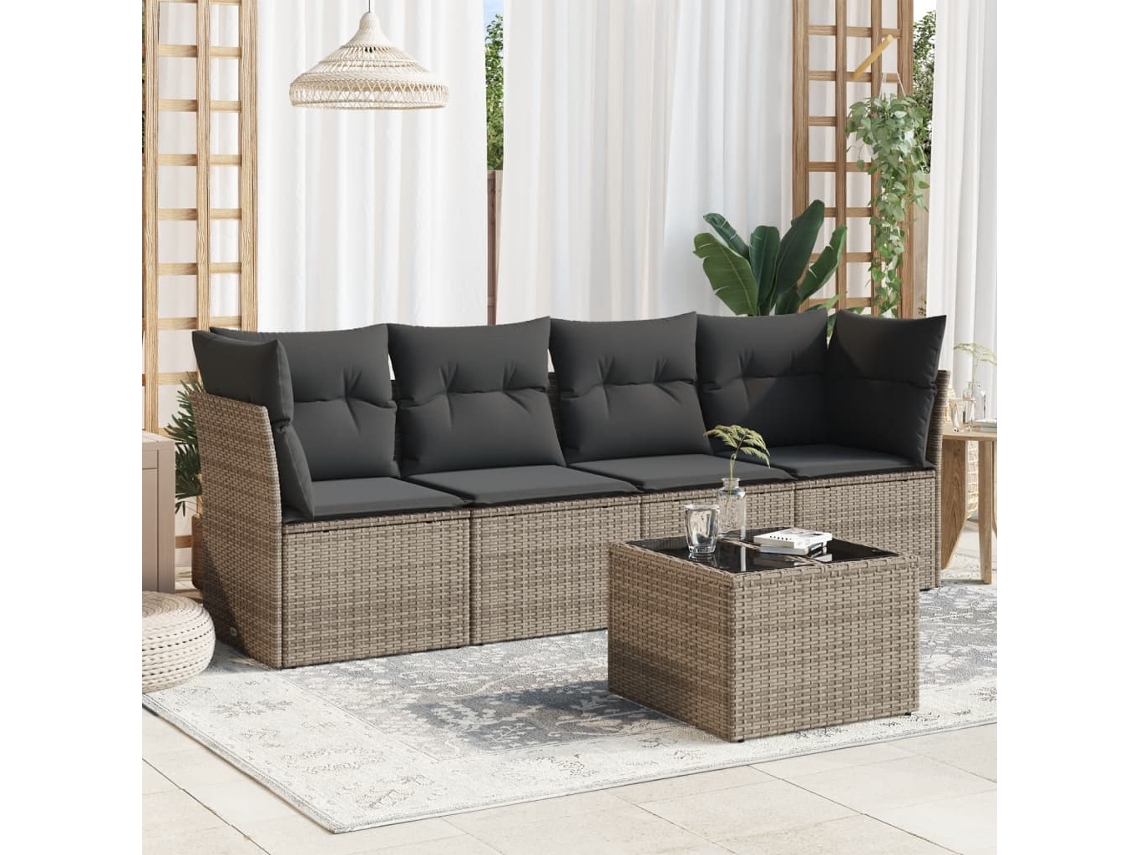 Vidaxl 5 Pcs Conjunto Sofás De Jardim C/ Almofadões Vime Pe Cinzento