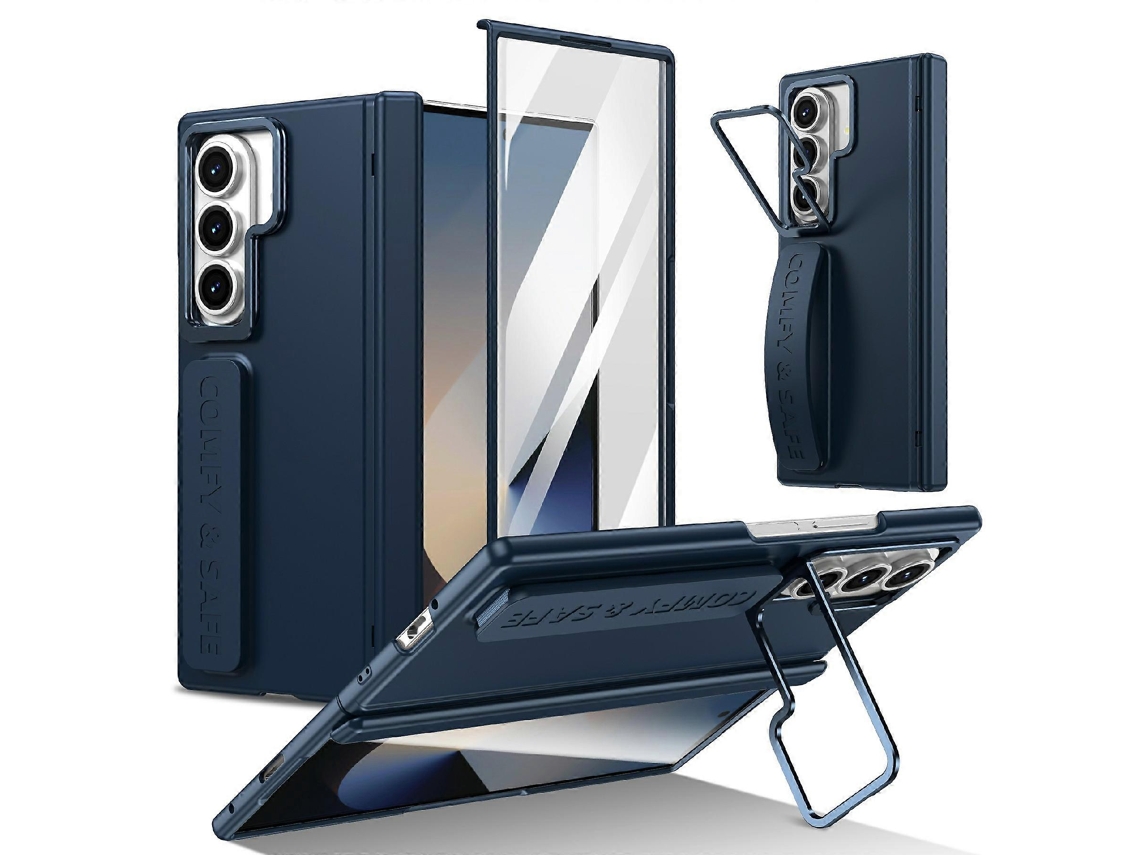 Capa Protetora Para Samsung Galaxy Z Fold7 5g, Lente, Suporte, Dobradiça, Proteção, Capa Para Celular Com Película De Tela, Azul Escuro