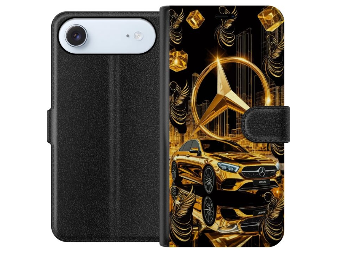 Capa Carteira Compatível Com Apple Iphone Air. Carro Dourado Luxuoso Em Frente A Um Horizonte Urbano Brilhante, Com Asas Decorativas E Detalhes Reluze