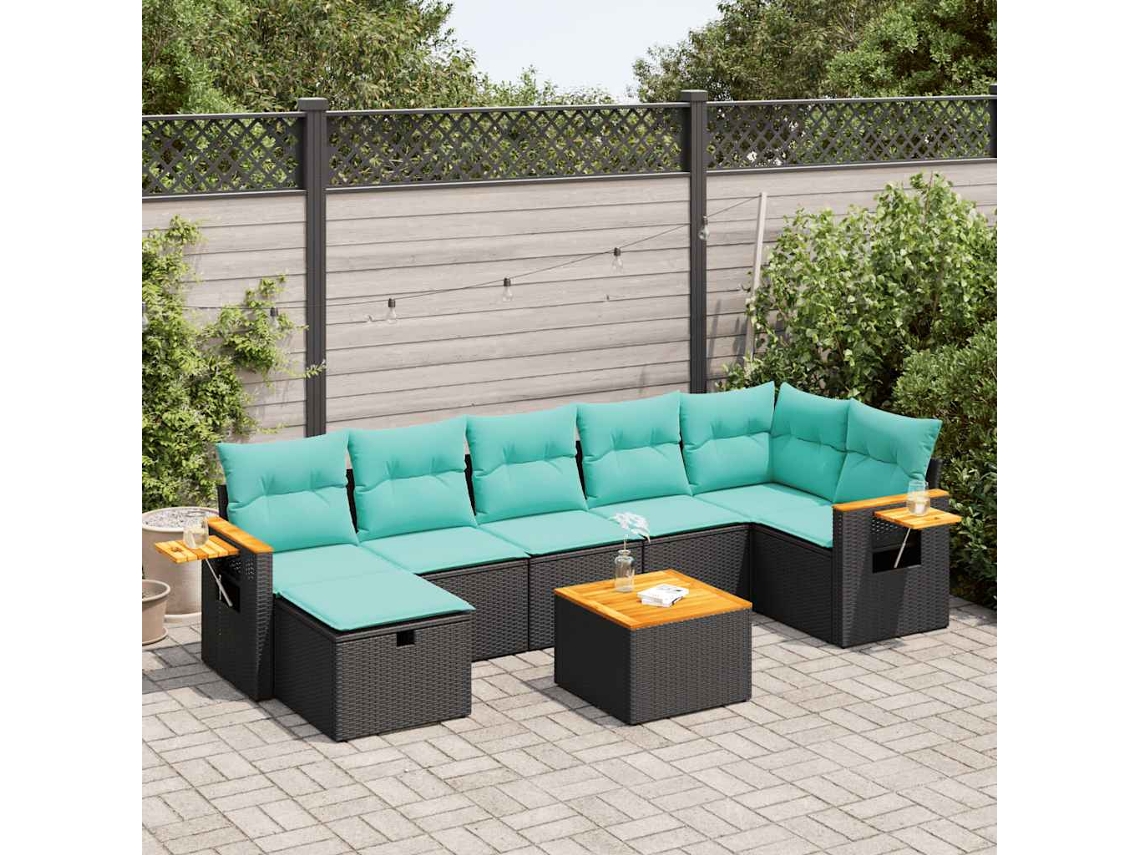 Vidaxl 8 Pcs Conjunto Sofás De Jardim Com Almofadões Vime Pe Preto