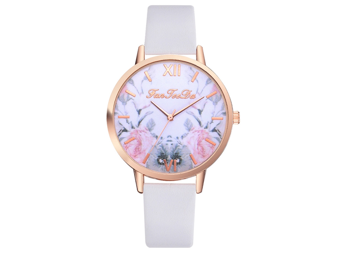 Relógio Feminino Casual de Quartzo Analógico com Pulseira Pu Ajustável e Mostrador Redondo Branco Fd157