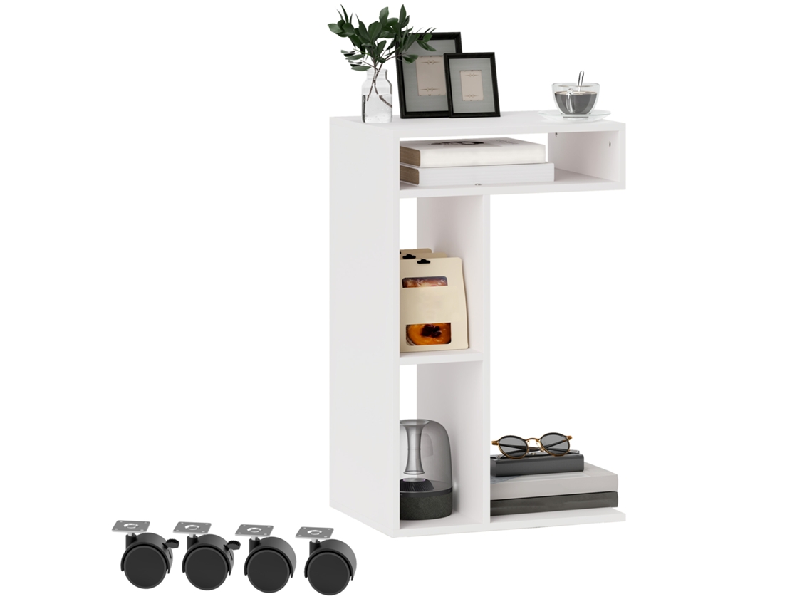 Mesa De Apoio Em Forma De C Com Rodízios, 3 Compartimentos E Prateleira, 40x30x69 Cm, Branco